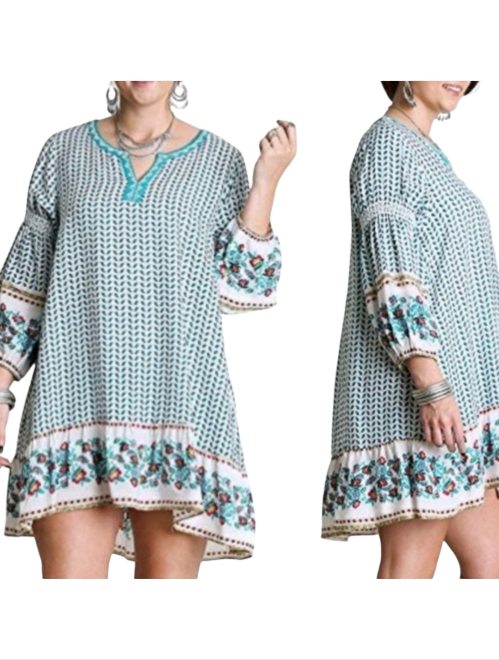 Umgee Women's Floral Embroidered Relaxed Fit Bohemian Tunic Dress Sz M